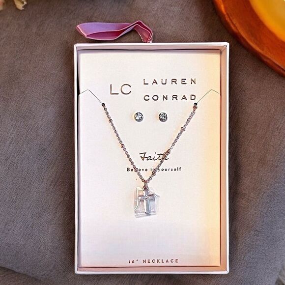 LC Lauren Conrad Faith Cross Rhinestone Necklace And Earring Box Set NWT - Picture 1 of 4